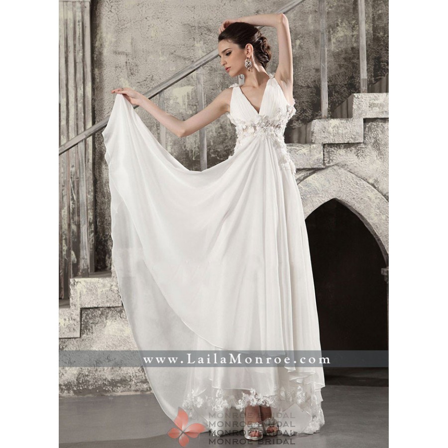 Amira - Asymmertical V Neck Wedding Gown- Deep V Neck Asymmetrical Soft  Flowing Chiffon Wedding Dress